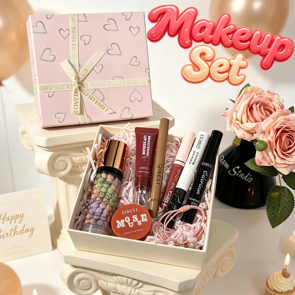7-piece makeup set, lip gloss, lip liner, blush, eyeshadow, primer, mascara, makeup set, Christmas gift