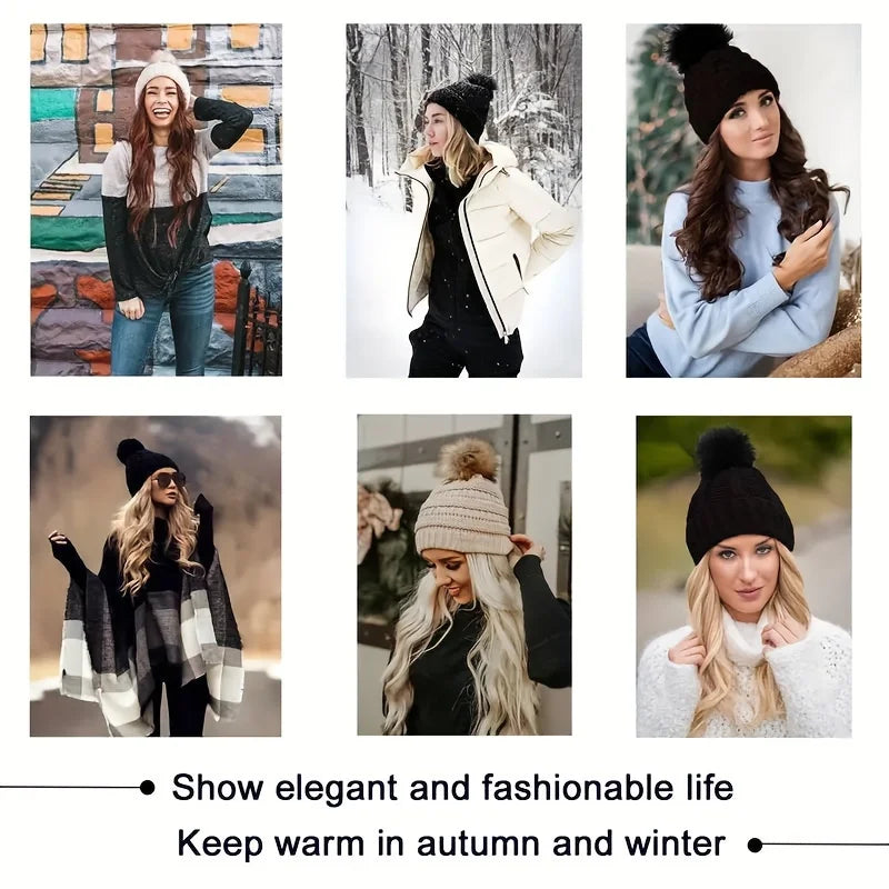 20inch Long Water Wavy Synthetic Hairpiece Beanie Hat - Woven Wigs with Knit Pom Cap and Warm Winter Design - Soft, Detachable,