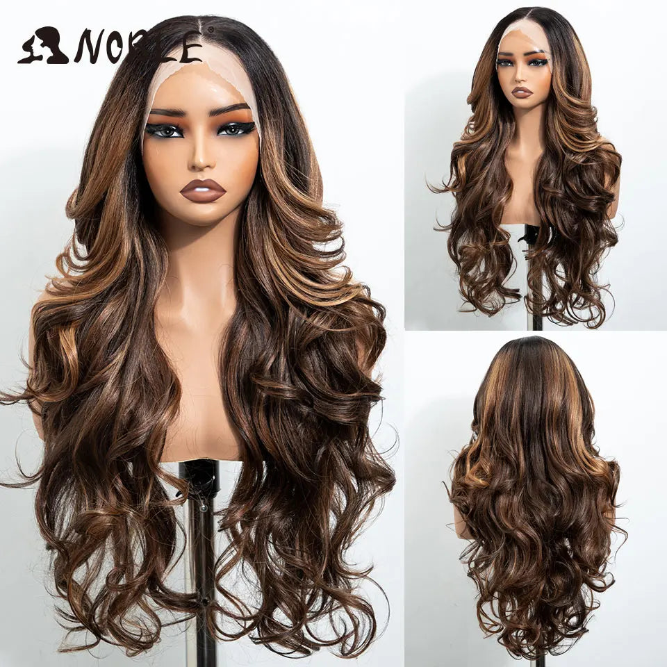28 Inch Highlight Brown Body Wave Synthetic 13x4 Lace Front Wig Middle Part Heat Resistant Fiber Wigs For Women Daily Party Use