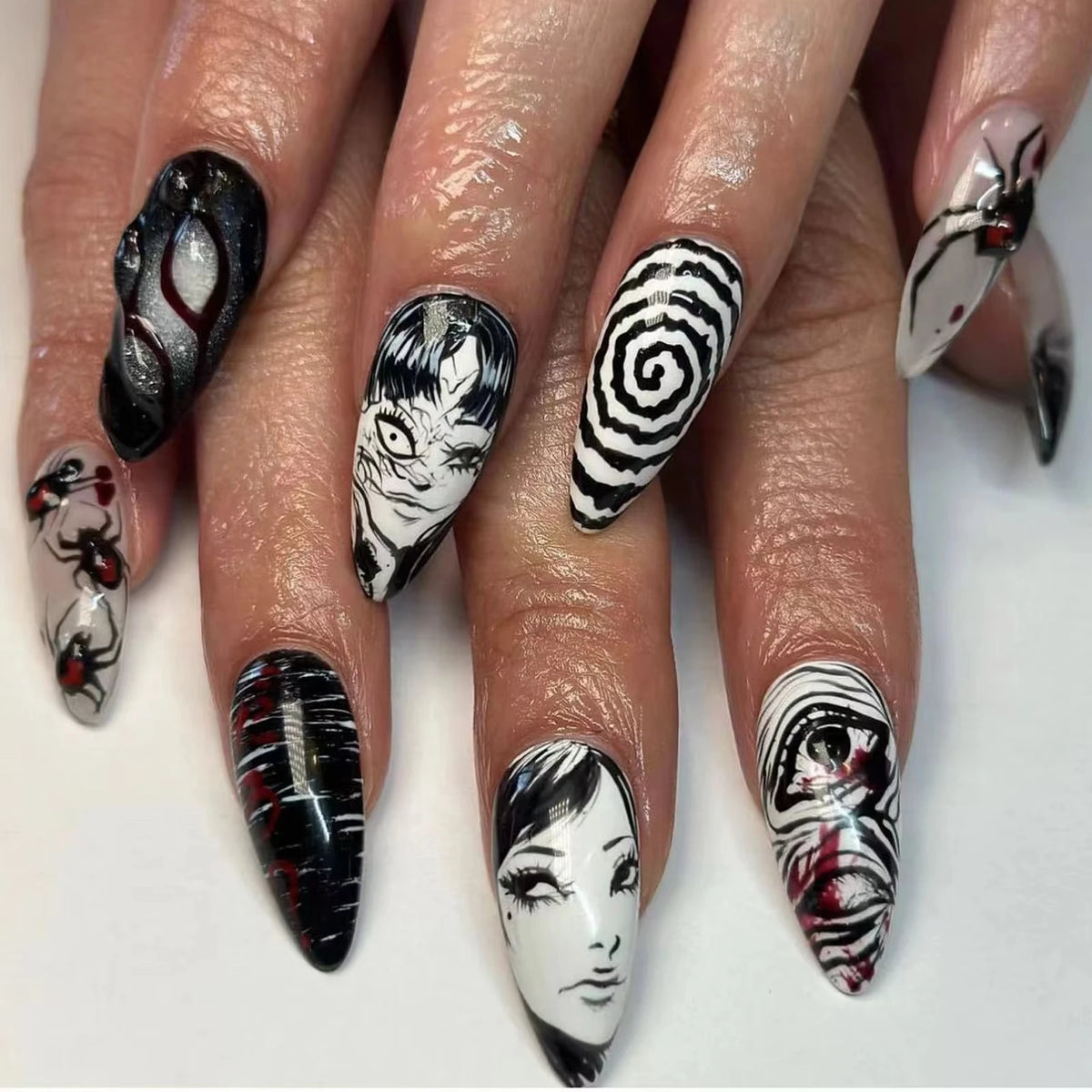24pcs Horror Manga Press on Nails Halloween Face Eye Swirl Thorn Cat Fake Nail Gothic Spooky Long Stiletto False Nail for Women