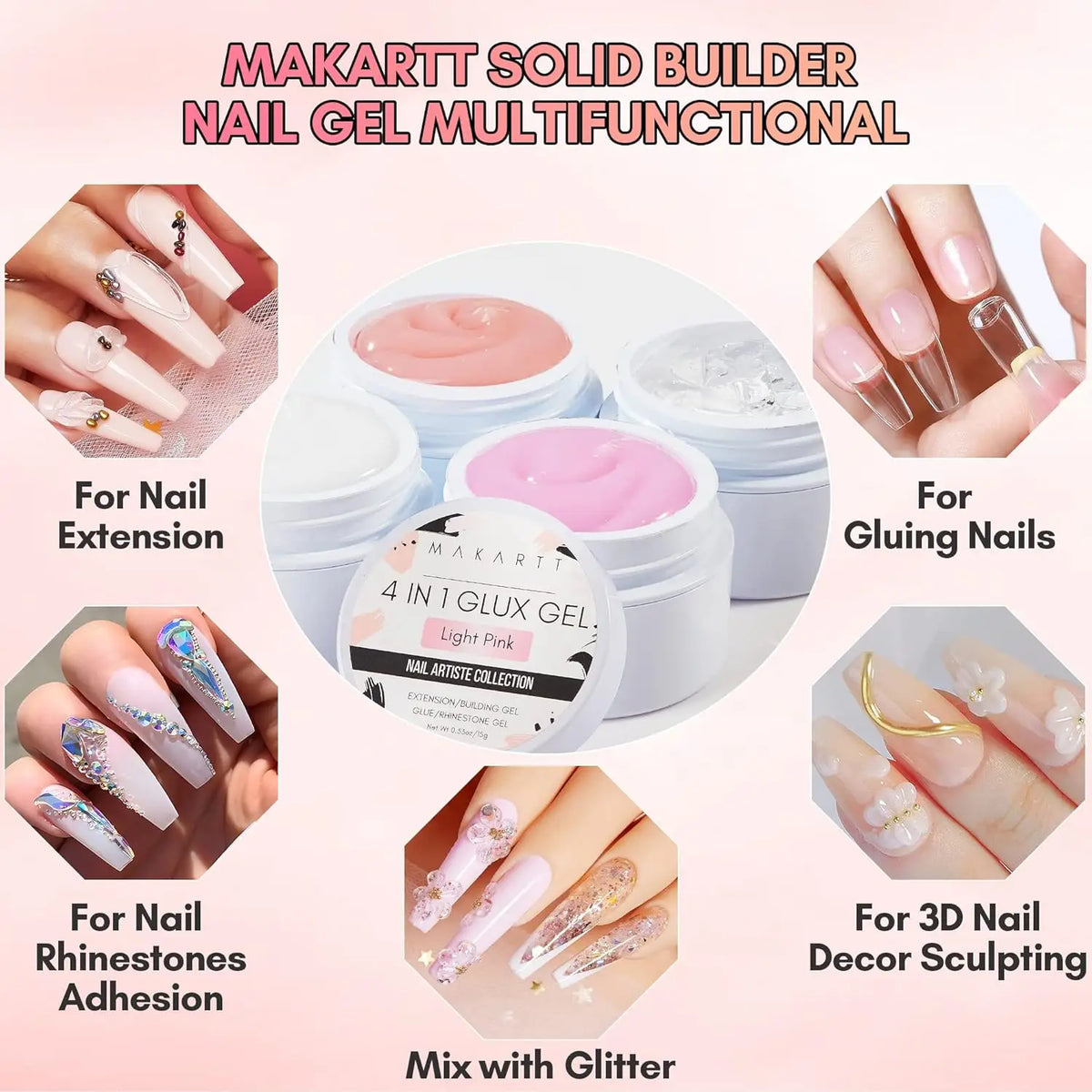 Makartt Solid Gel Builder: 4-in-1 Clear White Non-sticky for Extension 3D Sculpting Nail, UV Glue for Acrylic Tips, Rhinestones