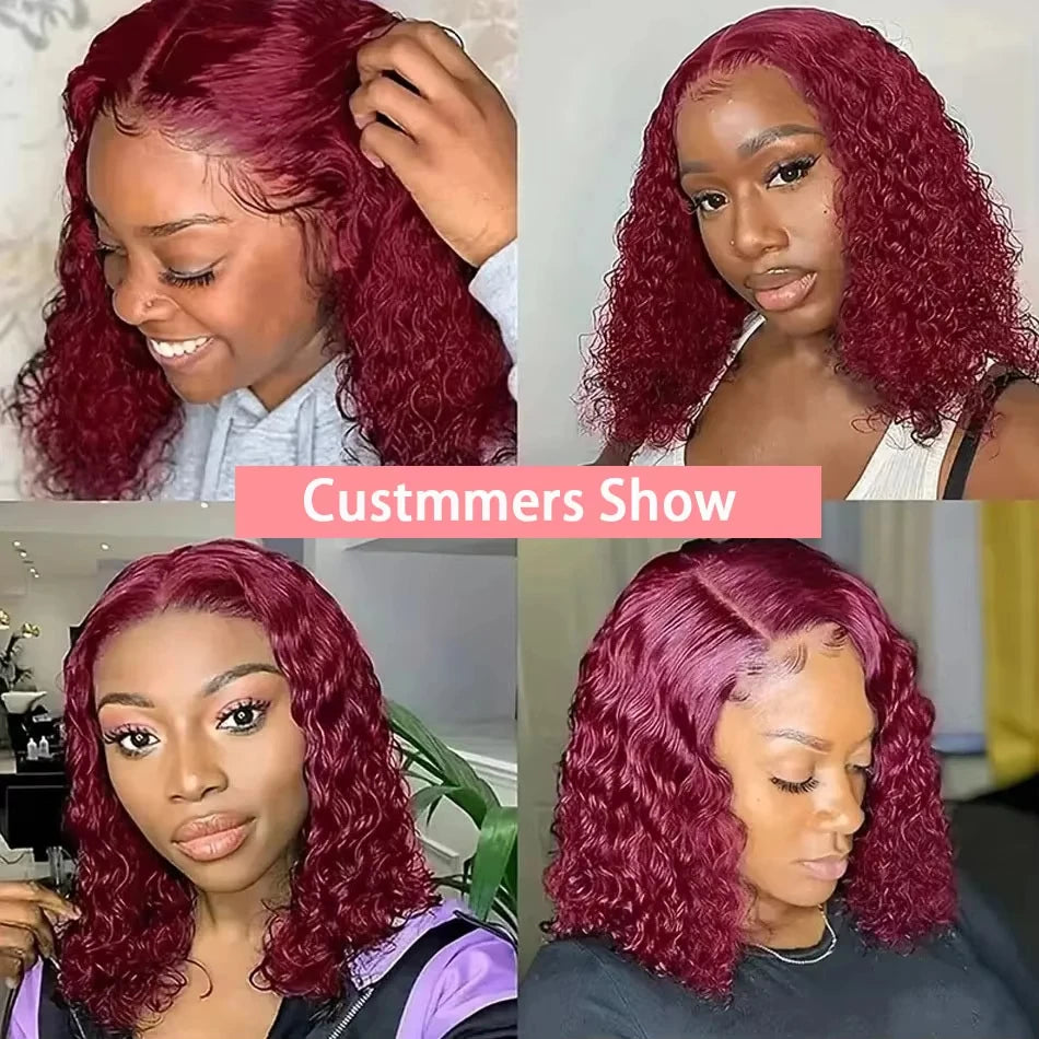 180 Density Burgundy 99J Short Bob Wigs Deep Wave 13x4 HD Lace Front Human Hair Wig Water Deep Curly Glueless Lace Closure Frontal Wig