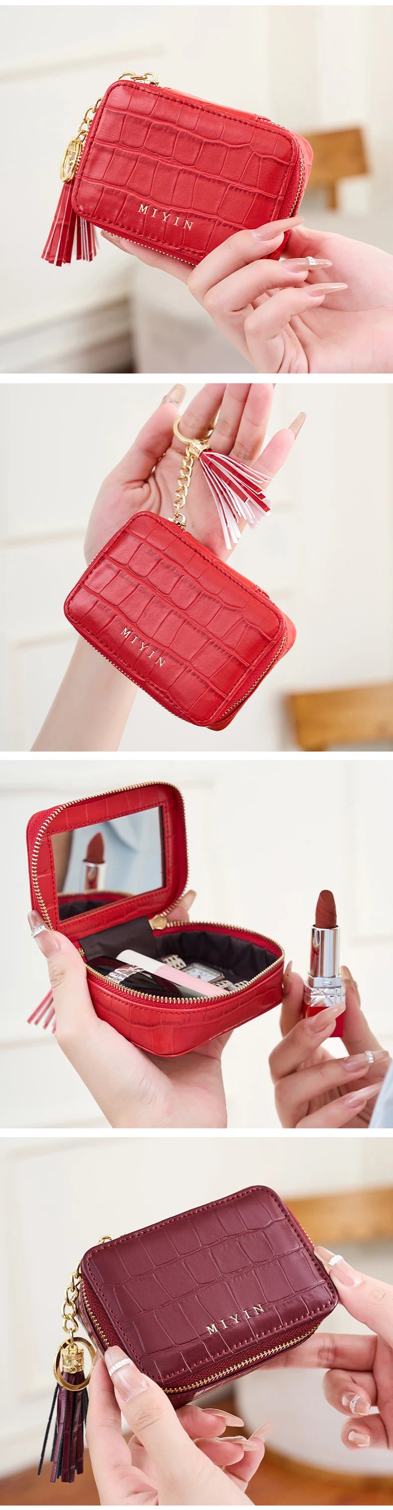 Mini Lipstick Makeup Bag Multifunctional Portable Travel Organizer Crocodile-Patterned PU Leather Womens Toiletry Bag Coin Purse