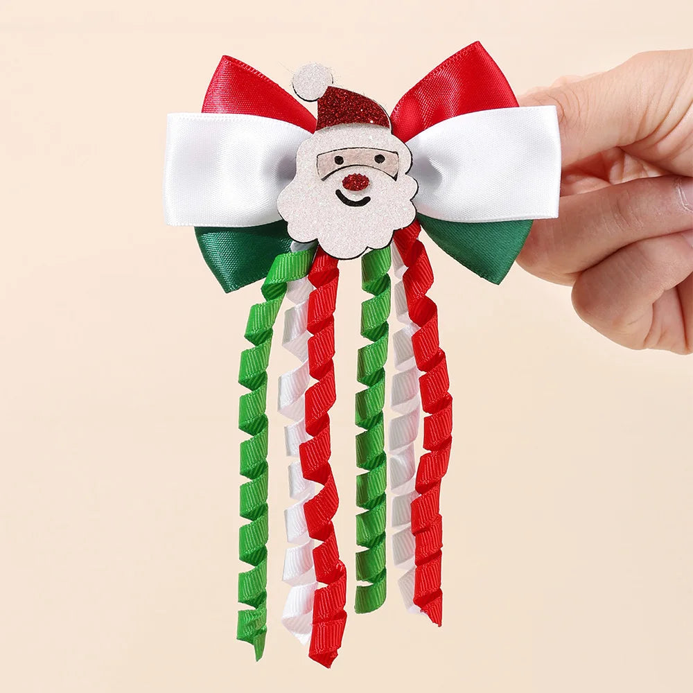 2Pcs Christmas Santa Claus Bow Hair Clips For Girls Cute Reindeer Curly Ribbon Tassels Hairpins Kids  Xmas Party Accessories