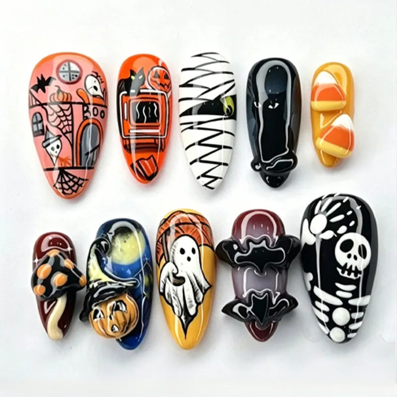30pcs Halloween Press On Nails Gothic Skeleton Skull Spider Web Black Cat Haunted House Fake Nail Almond False Nail for Women