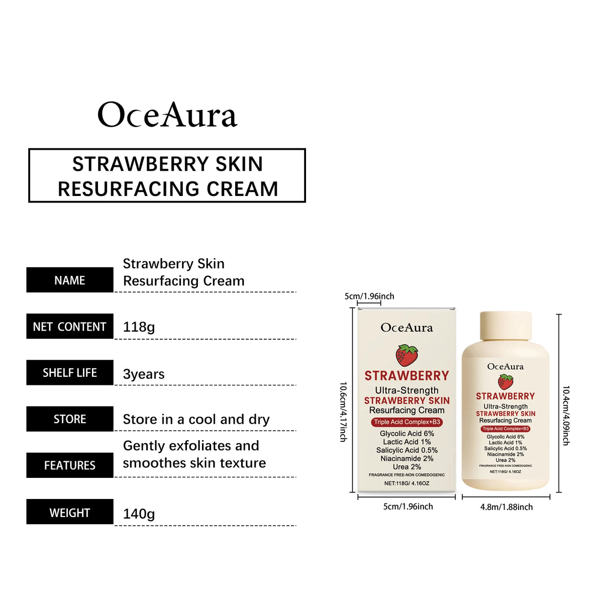 Strawberry Cream Lactic Acid Salicylic Acid Improve Dullness Moisturizing Skin Brightening Rejuvenation Nicotinamide Cream 118g