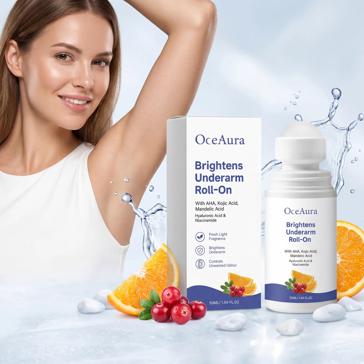 OceAura Kojic Acid Underarm Brightening Deodorant Roller Refresh Body Odor Improve Dark Armpits Underarm Care Roll‑on Deodorant