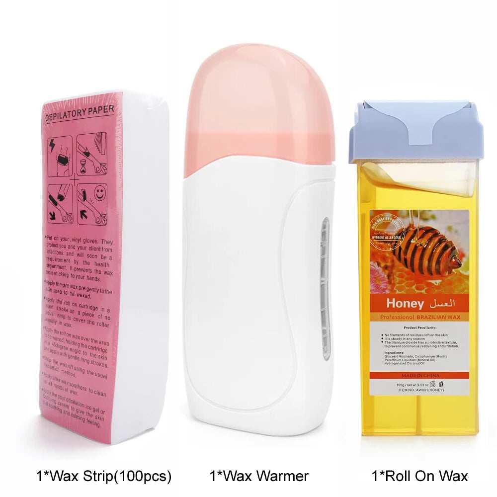 Roll On Waxing Kit With Wax Cartridges and Wax Strips 3 in 1 Soft Wax Heater Kit Hair Removal Wax Paper Waxing Kits Warmer