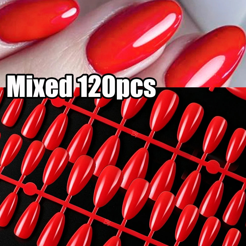 120Pcs Mixed Halloween&Christmas Red Almond Press On Nails Glossy Red Finger Fake Nails DIY Full Cover Manicure Almond Red Tips