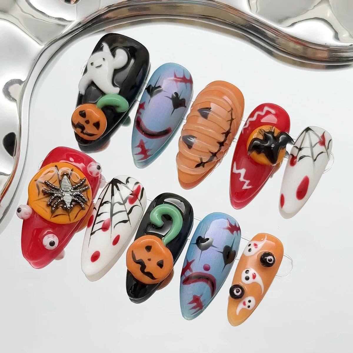 10pcs/Set Handmade Acrylic Press on Nails Mid-Length Almond Nails, Halloween Nails, 3D Pumpkin Spider Bat Ghost Fake Nails