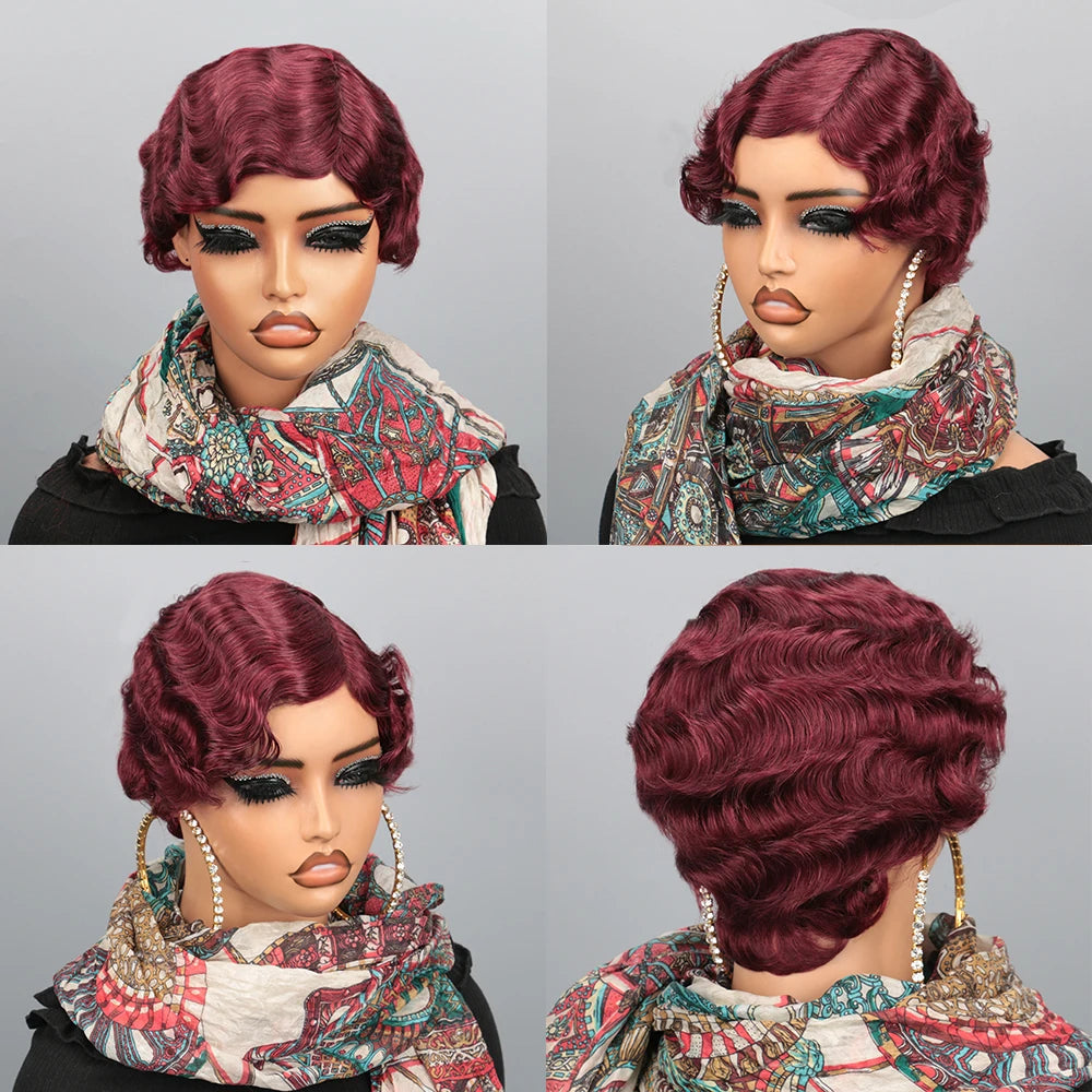 Short Wigs Human Hair Vintage Ocean Finger Wave Pixie Cut Wig for Black Women Glueless Costume Wigs Layered Machine Made No Glue