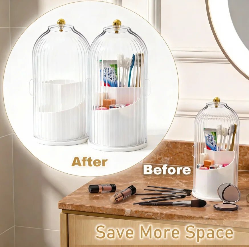Makeup Brush Holder Organizer With Lid,360 Rotating Dustproof ABS Storage Caddy,3 Slots Sliding Lid Toothbrush Holder With Non-Slip Base,Multi-Use Space-Saving Organizer For Makeup Brushes Toothpaste,Perfect For Vanity Bathro