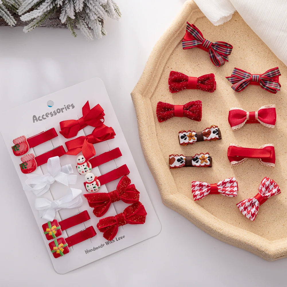 10Pcs/Lot Christmas Baby Girls Hair Clips Ribbon Santa Claus Gift Socks Tree Resin Hair Bows Xmas Dance Party New Year Hairpins