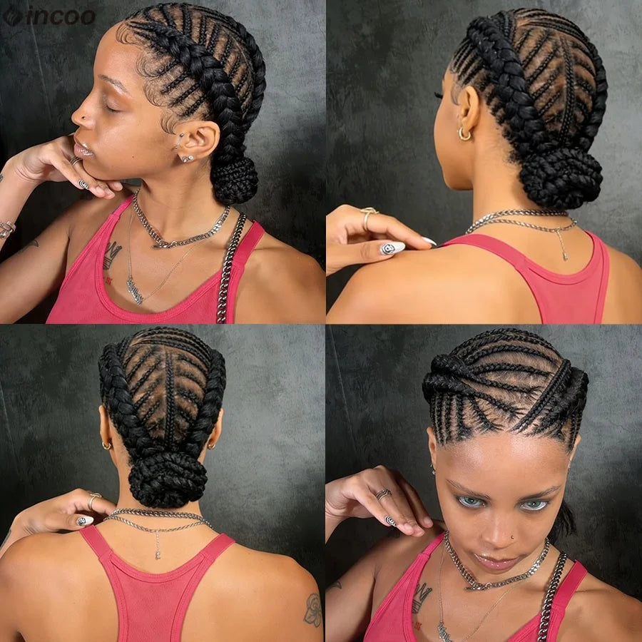 Short Bantu Knotless Braided Wigs Synthetic Full Lace Wig Box Braids Low Buns Wig Glueless Cornrow Braiding Hair Wigs For Women