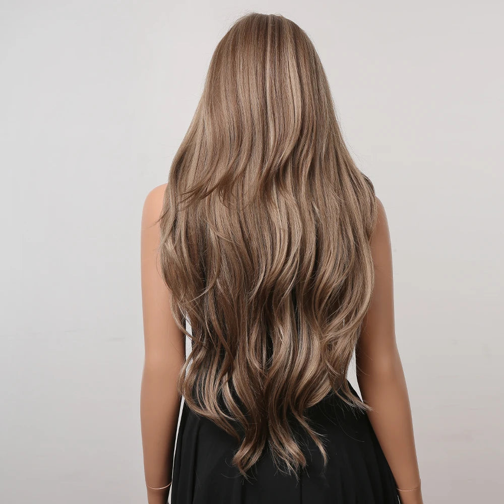 HAIRCUBE Brown Mixed Blonde Synthetic Wigs with Bang Long Natural Wavy Hair Wig for Women Daily Cosplay Use Heat Resistant