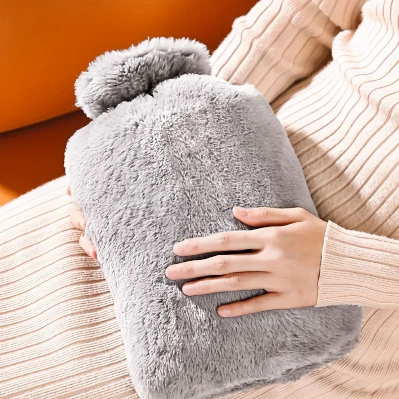 1L/2L PVC Plush Hot Water Bottle – Leak-Proof Large-Capacity Bed & Abdomen Warmer, Soft Cover for Cramps & Winter Heat