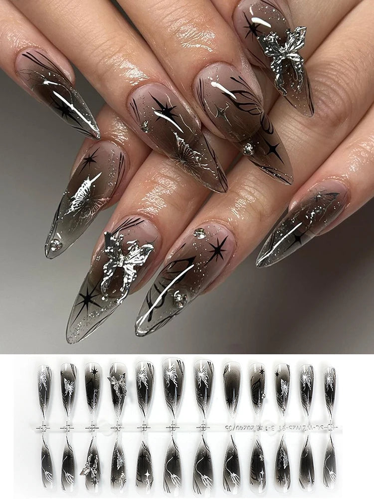 Black Cool Fake Nails Halloween Bat Press on Nails Almond Decorated Nail Tips Rivet Bow False Nails 24pcs Reusable Acrylic Nails