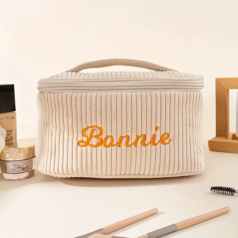 Corduroy Makeup Bag Large Capacity Travel Cosmetic Case Personalized Name Embroidery Toiletry Bag Women Portable Organizer