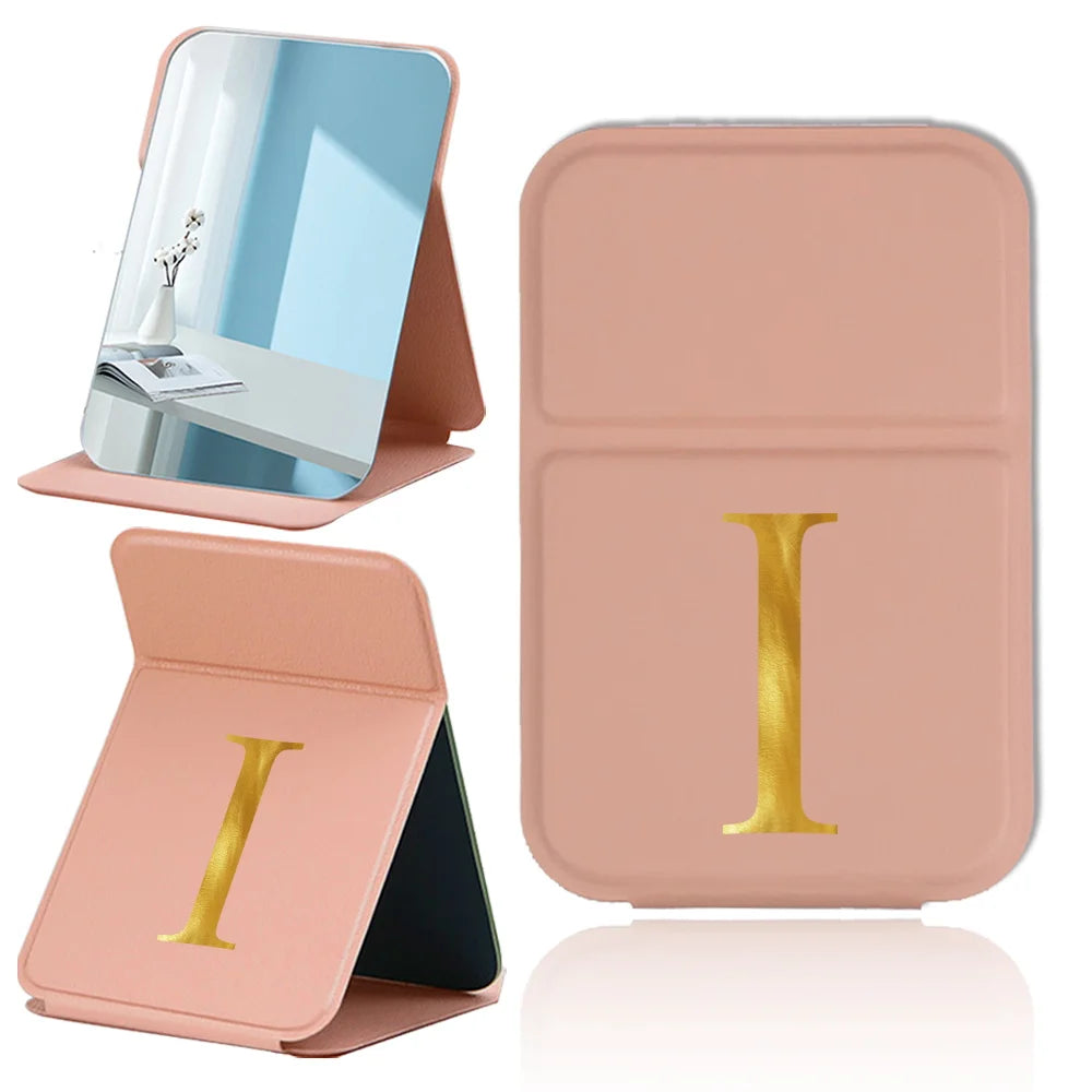 Personalized Pu Vanity Mirror Portable Handheld Makeup Mirror Folding Desktop Makeup Mirror Pocket Cosmetic Tool Letter Pattern