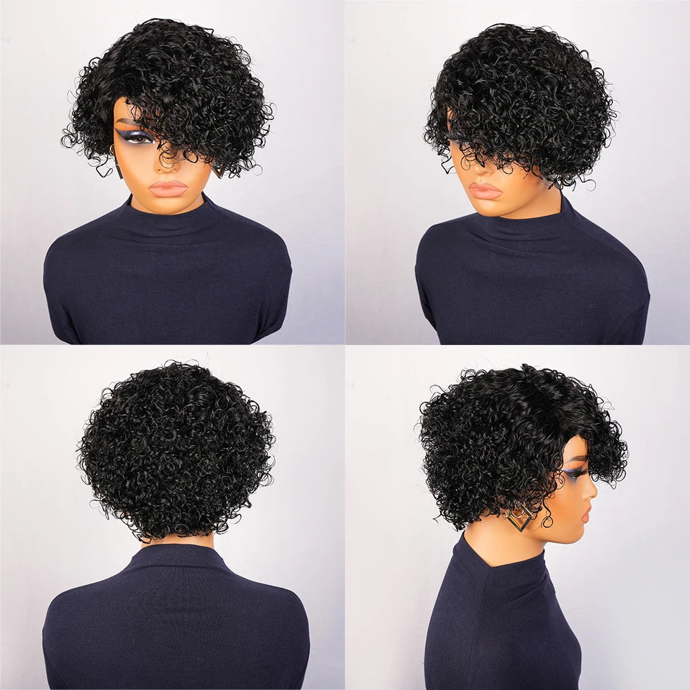 Short Pixie Cut Wig Wet and Wavy Curly Wigs Brazilian Human Hair Full Machine Made Wig with Bangs for Women Water Wave Short Wig