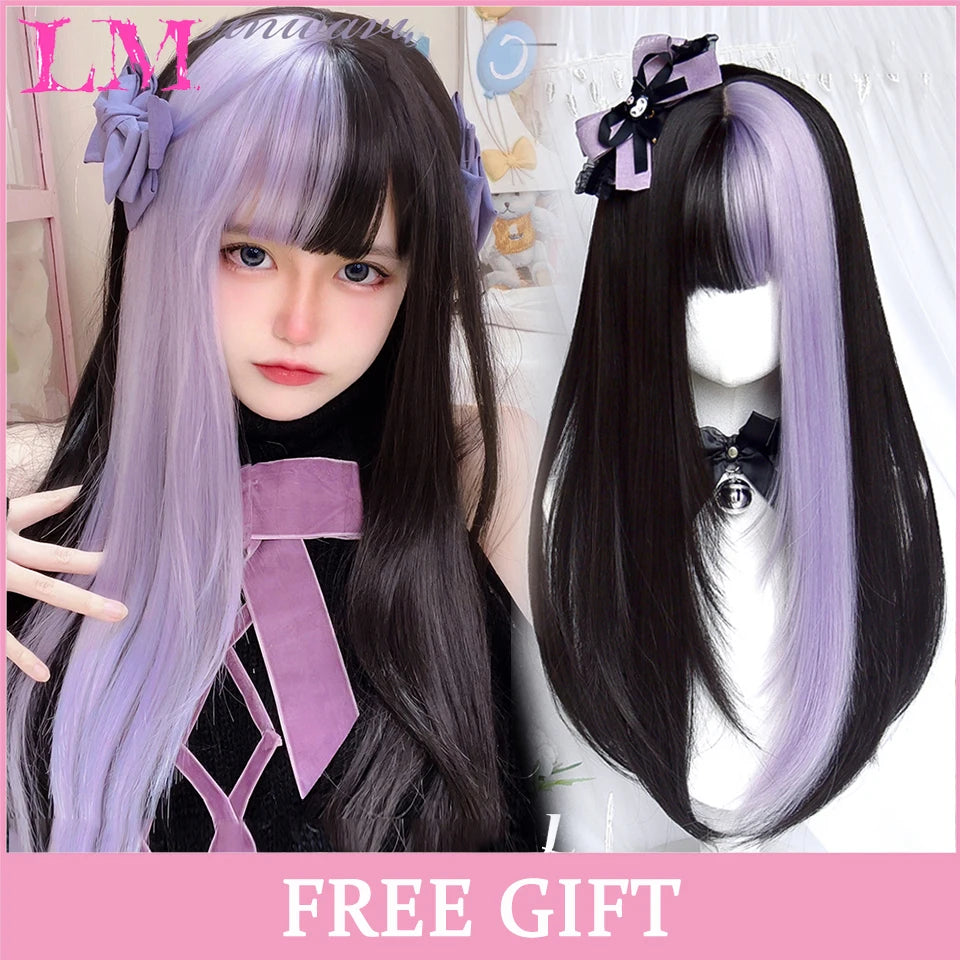 LM Light Blonde Wave Hair Wig Synthetic Long Wavy Wigs with Bangs for Women Cosplay Natural High Temperature Fiber