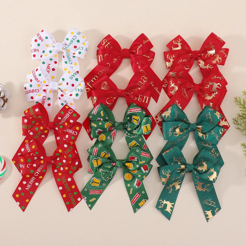 4Pcs Merry Christmas Printed Ribbon Bow Hair Clip Long Tail Barrette Red Green Xmas Tree Deer Pattern Hairpin Girls Headdress