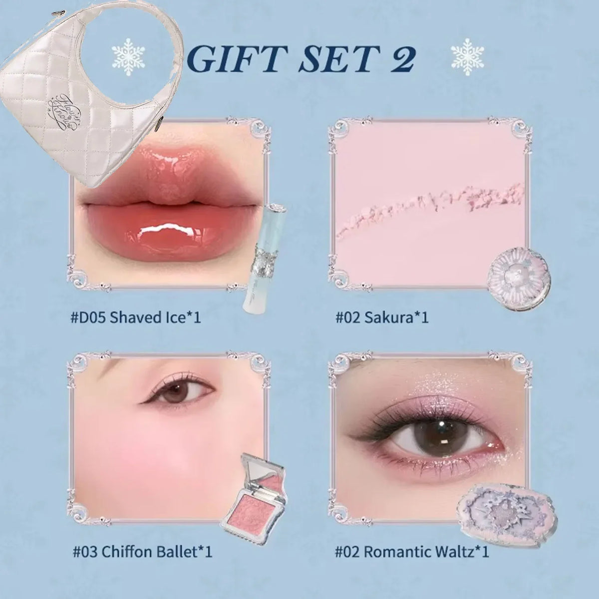 Flower Knows Snow Ballet Makeup Christmas Gift Set Eyeshadow,Blush,Lip Glaze Setting Powder with Cosmetic Bag Beauty Kit