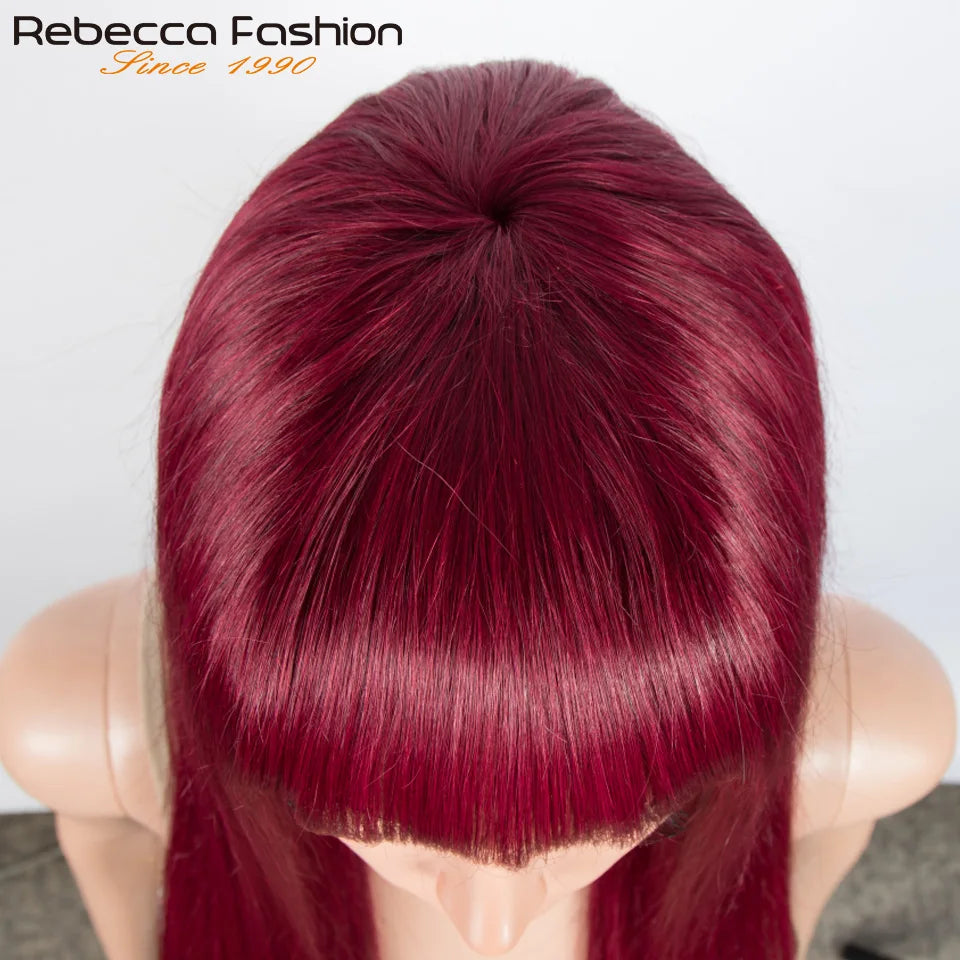 Brazilian Straight Human Hair Wigs With Bangs Burgendy Put On And Go 100% Remy Human Hair Wigs Full Machine Made Wigs For Women