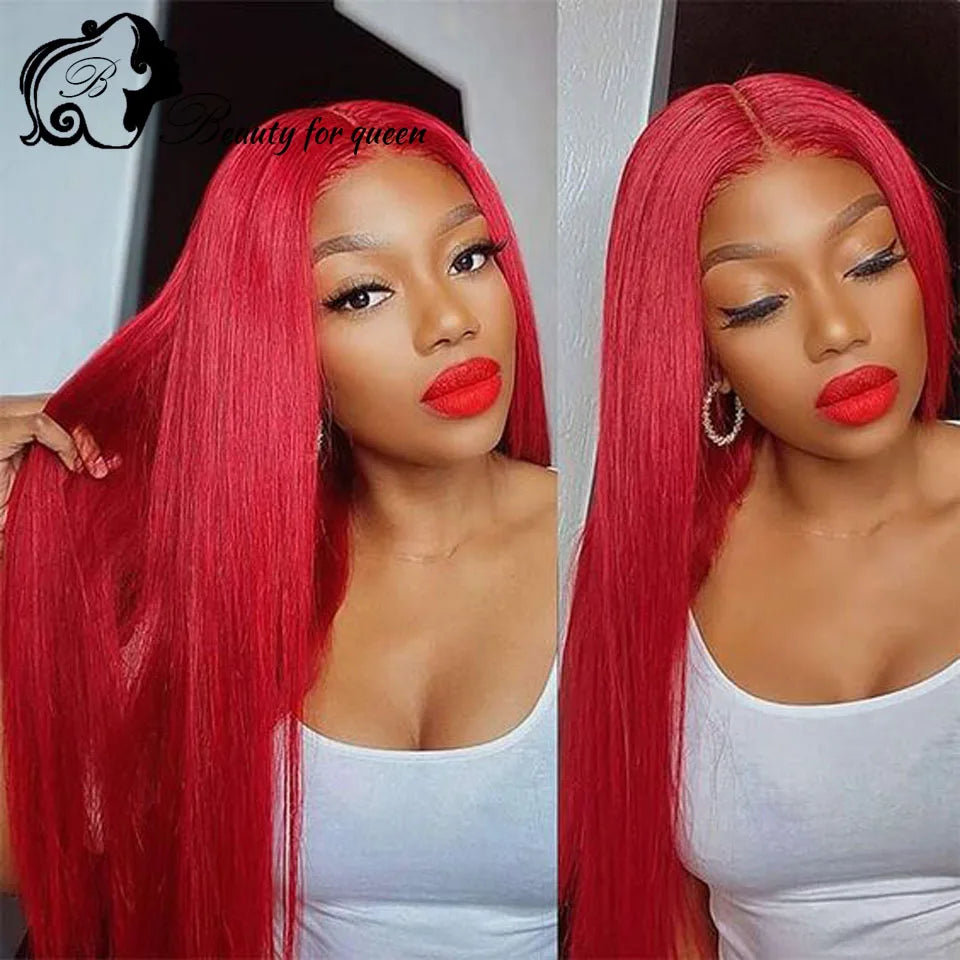 Red Long Straight Human Hair Wigs Extensions Invisible Lace Melting Colored 13x4 Lace Front Wig Glueless Wear And Go For Women