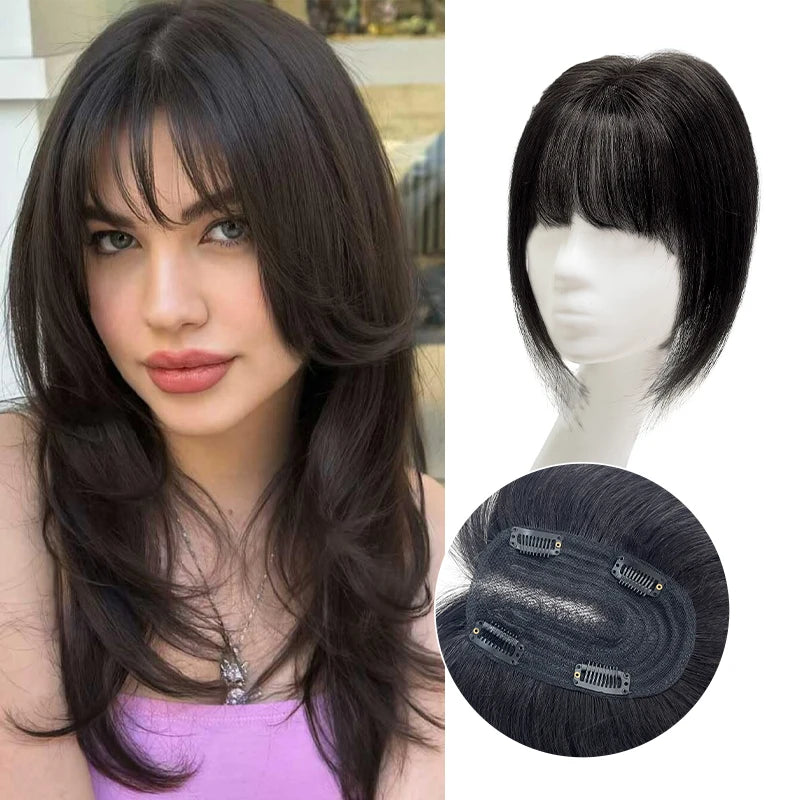 100% Human Hair 7X10cm Hairnet with French Bangs Toupee 25cm Straight Clip in Hair Extension Improve Volume Topper Hair Pieces