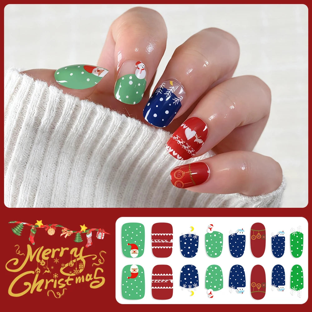 16Tips 3D Full Cover Christmas Series Nail Stickers Adhesive No Light Need Nail Art Wraps Strips Festival Manicure Polish Tips *