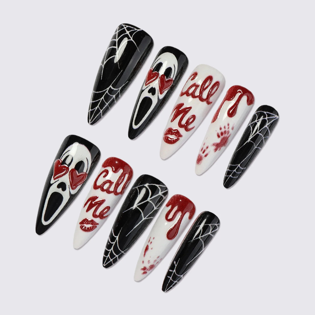 24Pcs Halloween Blood Drip Spider Web Ghost Mask Letter Print Pess on Nails 3D Heart Decor Fake Nail Long Almond False Nail