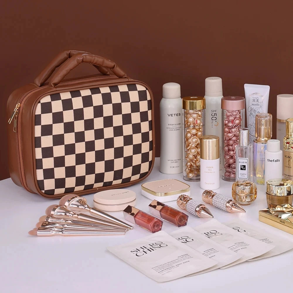 Luxury Checkered Cosmetic Bag For Women Large Capacity Waterproof Makeup Toiletry Bag Brown Melard Travel Wash Storage Bag