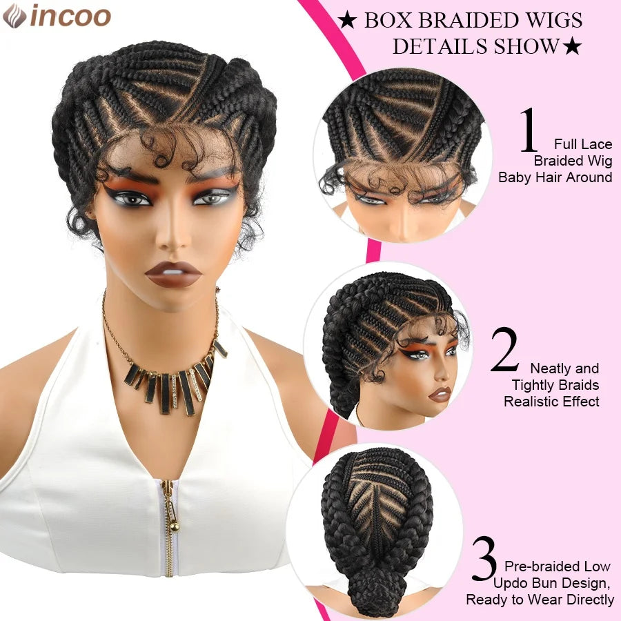Short Bantu Knotless Braided Wigs Synthetic Full Lace Wig Box Braids Low Buns Wig Glueless Cornrow Braiding Hair Wigs For Women