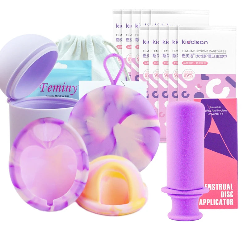 Feminy Menstrual Disc Kit Medical Grade Reusable Soft Silicone Period Disc with Sterilizer Case Applicator Leakproof Monthly Cup