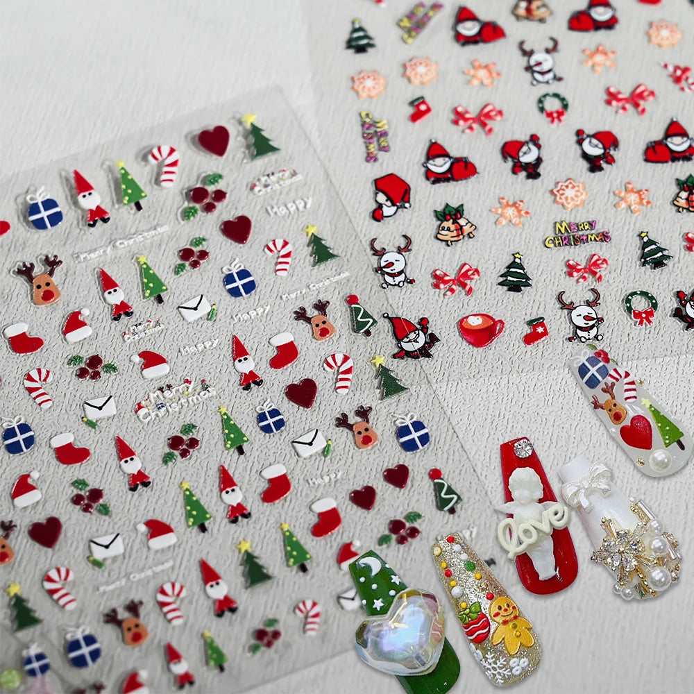 1sheet 5D Holly Berries Christmas Nail Declas Cute Polka Dots Christmas Trees Nail Stickers Gingerbread Man Snowflake Manicure