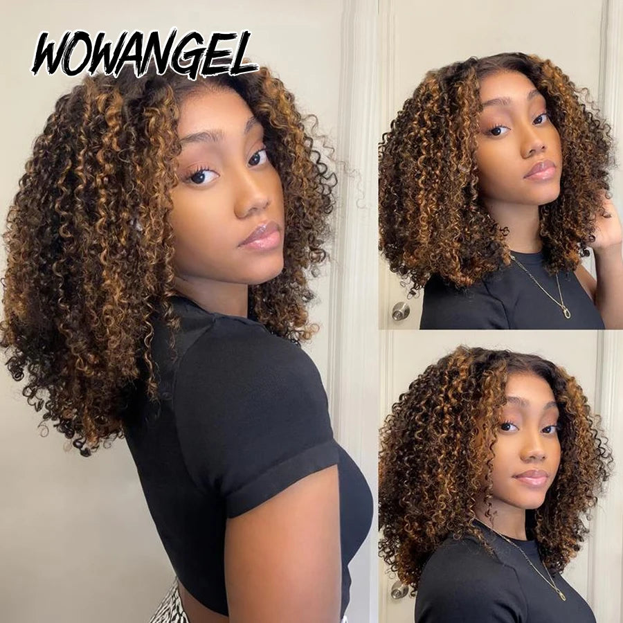 WOWANGEL 250% Kinky Curly Glueless Wigs 1B/27 Highlight Colored Wigs 5X5 HD Lace Closure Human Hair Wigs Pre Plucked For Women