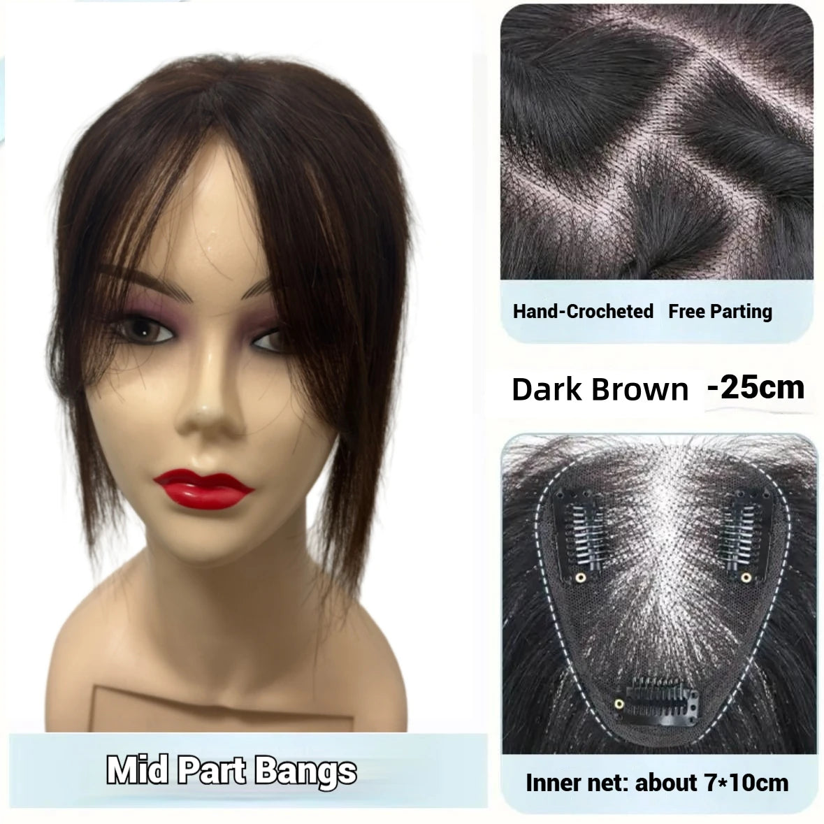 7x10cm Breathable Lace Human Hair Toppers 10 Inch Invisible Clip In Bangs for Women Natural Hairpieces Cover Thinning Hair Daily