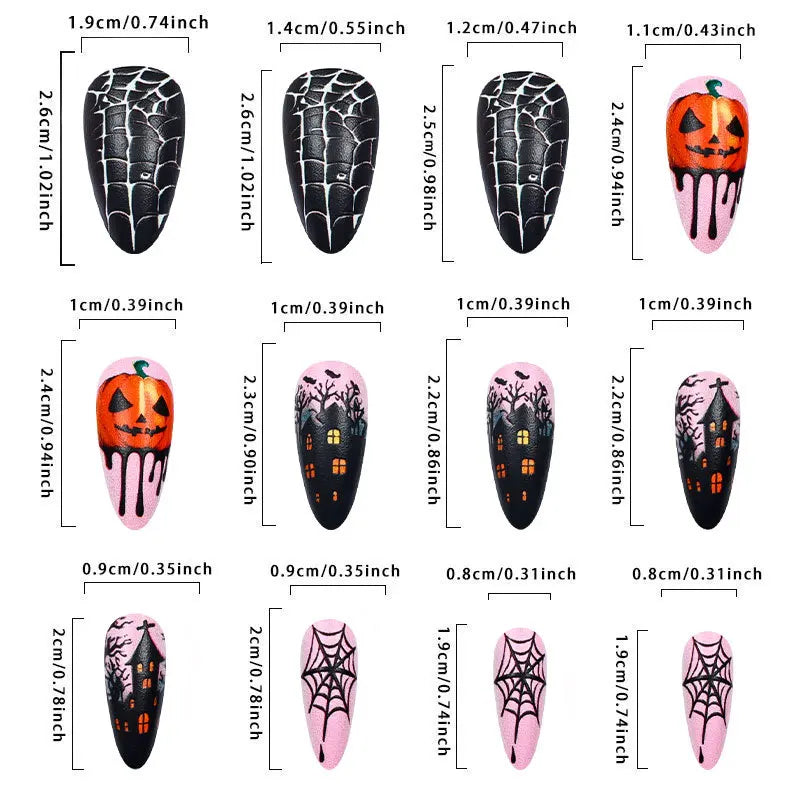 Halloween False Nails with Almond Head Designs Pumpkin Fake Nails French Full Cover Manicure Press on Nail Tips Ghost House