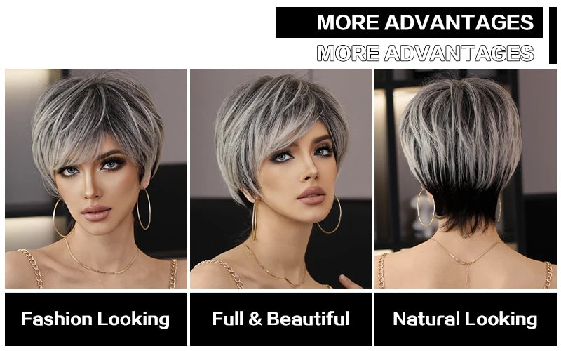 7JHH WIGS Ombre Black Blonde Bob Wig for Women Daily Party Synthetic Straight Short Hair Wig with Fluffy Bangs Pixie Cut Wigs