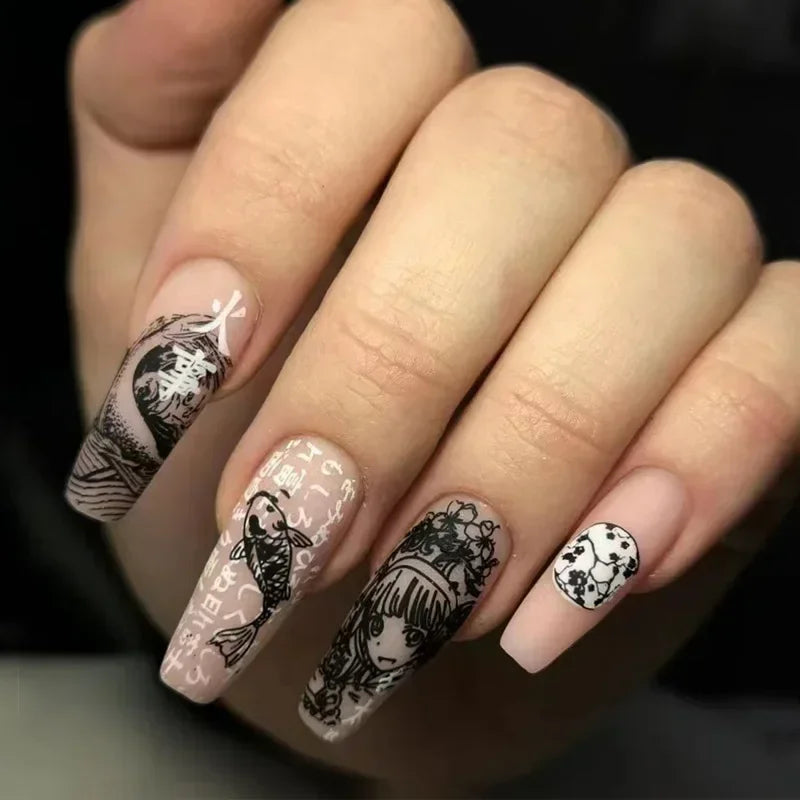 24Pcs Long pointed Halloween False Nails White Irregular Flame Stripes Nail Art Fake Nail Stickers For Women and Girls