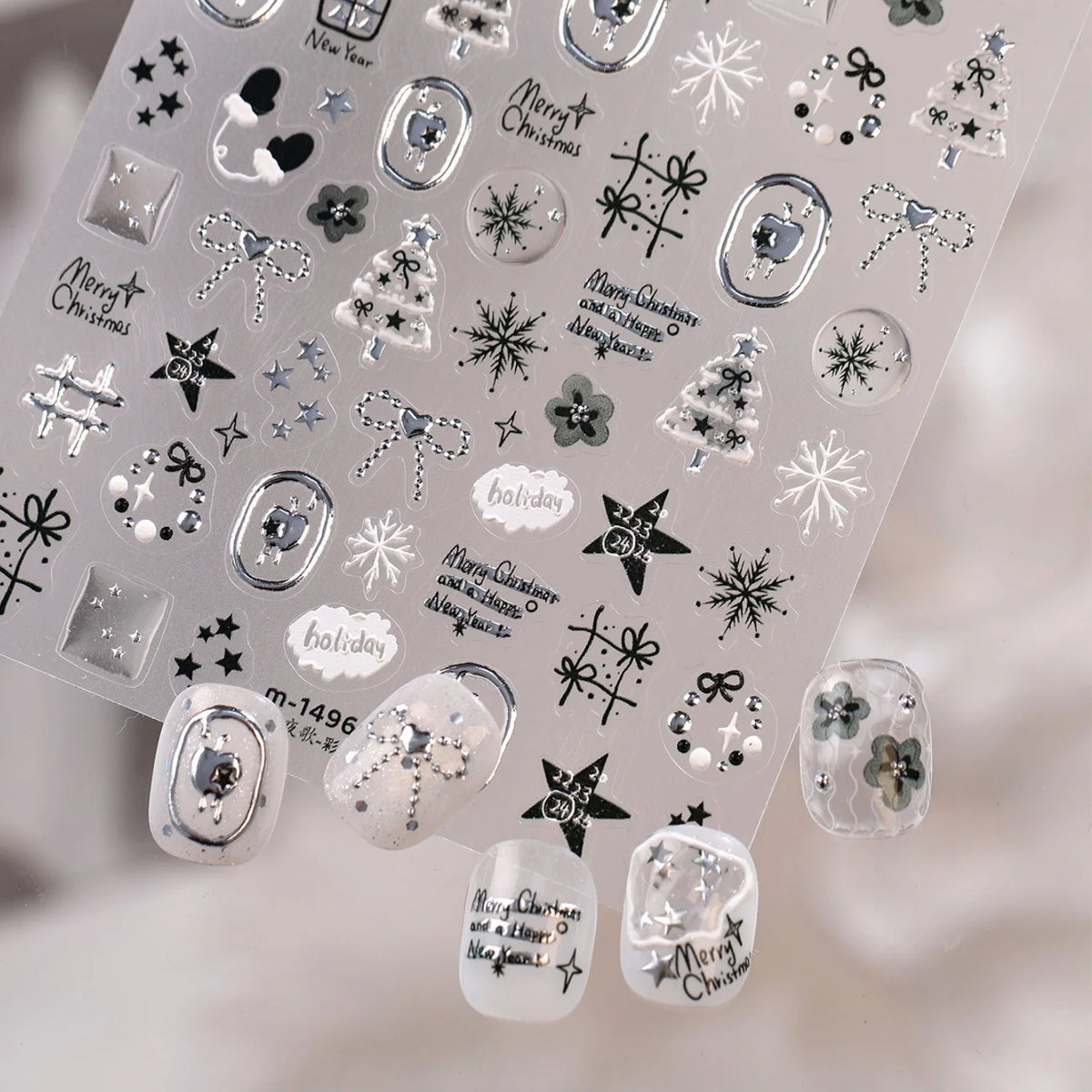 Elegant Winter 5D Silver Metal Xmas Tree Snowflake Bow Star Heart Frame Merry Christmas Nail Art Stickers Manicure Decals DIY