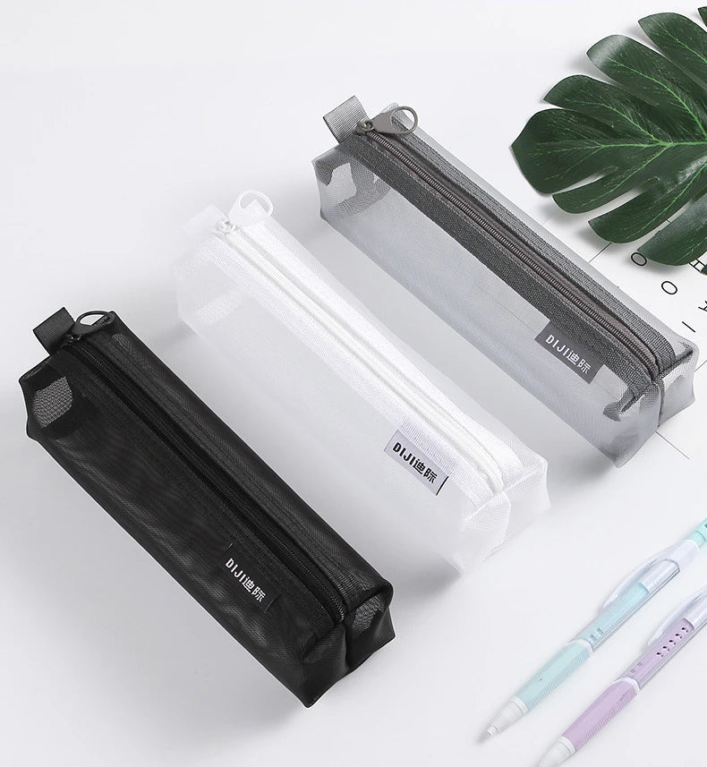 1PC Makeup Bags Case White Gray Black Large Capacity Mash Transparent Cosmetic Brush Bags Students Long Style Nylon Pencil Case