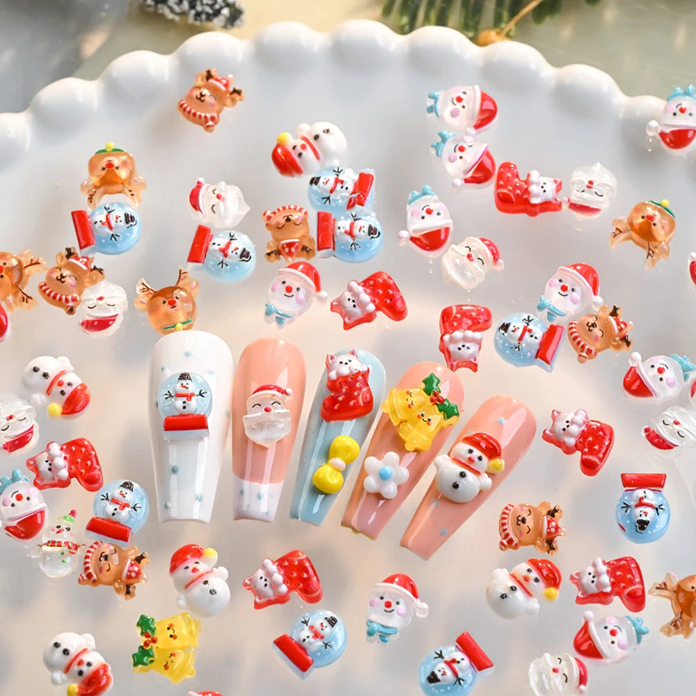 50Pcs/Lot 3D Cute Christmas Nail Art Decoration Kawaii Santa Claus Elk Snowman Rhinestones Flat Back Resin Xmas Manicure Parts