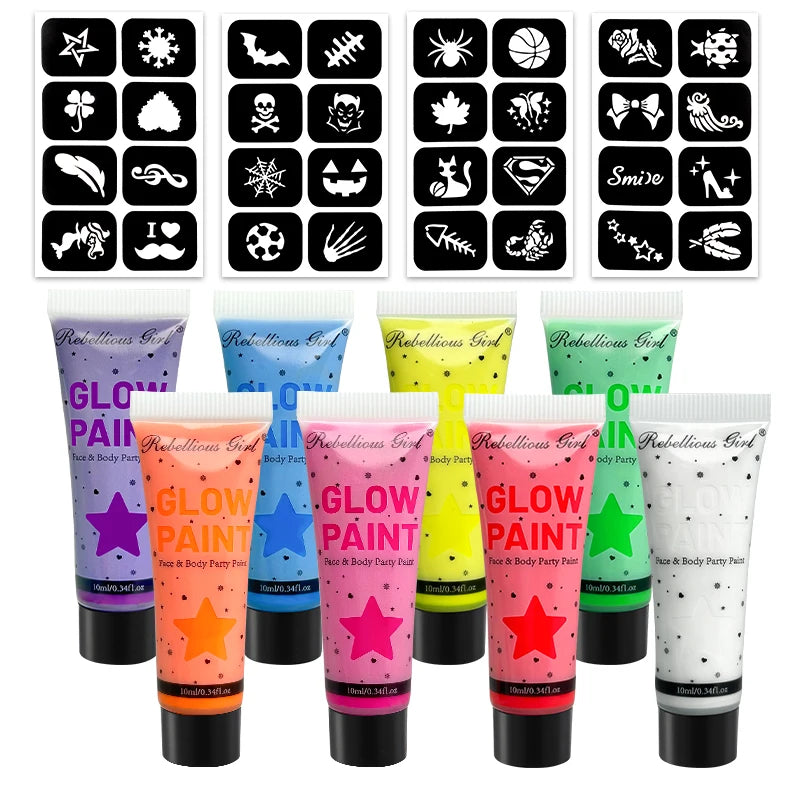 10ml 8 Colors UV Blacklight Face Paint with tattoo stickers，Fluorescent Neon Body Paints,Washable Quicker, Mardi Gras Halloween