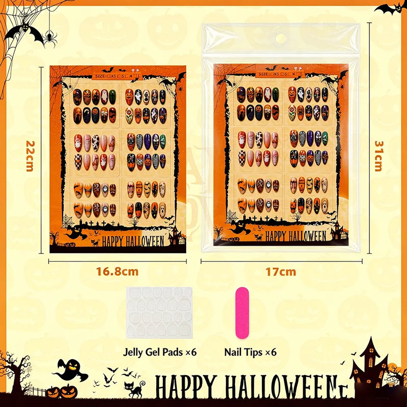 6 Sets Halloween Style Almond-Shaped Press On Nails with of 3D Embossed Pumpkin Bat Checkerboard Ghost Acrylic Fake Nail