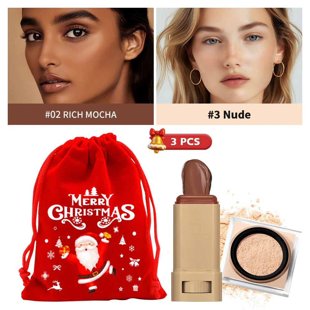 Foundation Stick & Loose Setting Powder Water-Resistant Longwear Full Coverage Oil-Control Beginner Makeup Set Christmas Gift