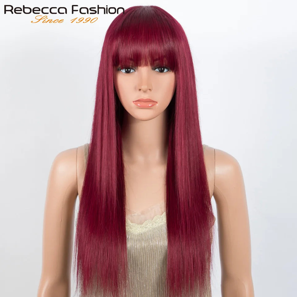 Brazilian Straight Human Hair Wigs With Bangs Burgendy Put On And Go 100% Remy Human Hair Wigs Full Machine Made Wigs For Women