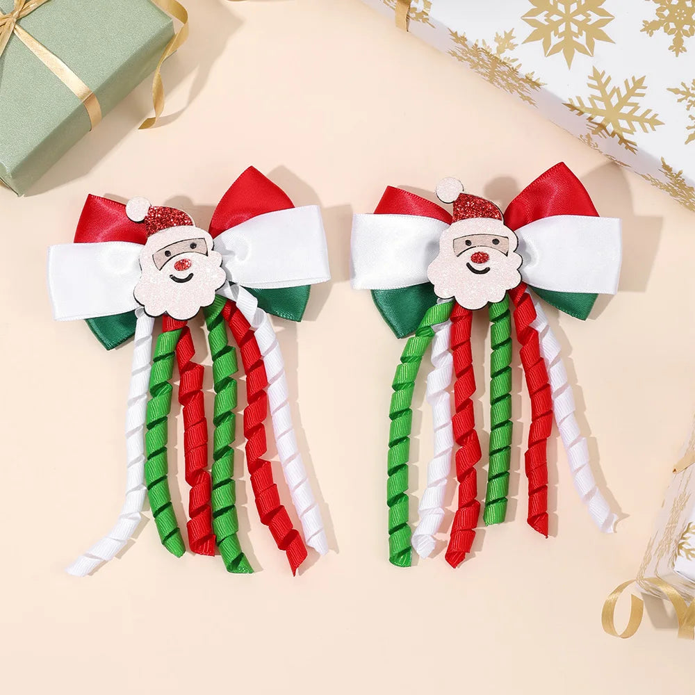 2Pcs Christmas Santa Claus Bow Hair Clips For Girls Cute Reindeer Curly Ribbon Tassels Hairpins Kids  Xmas Party Accessories