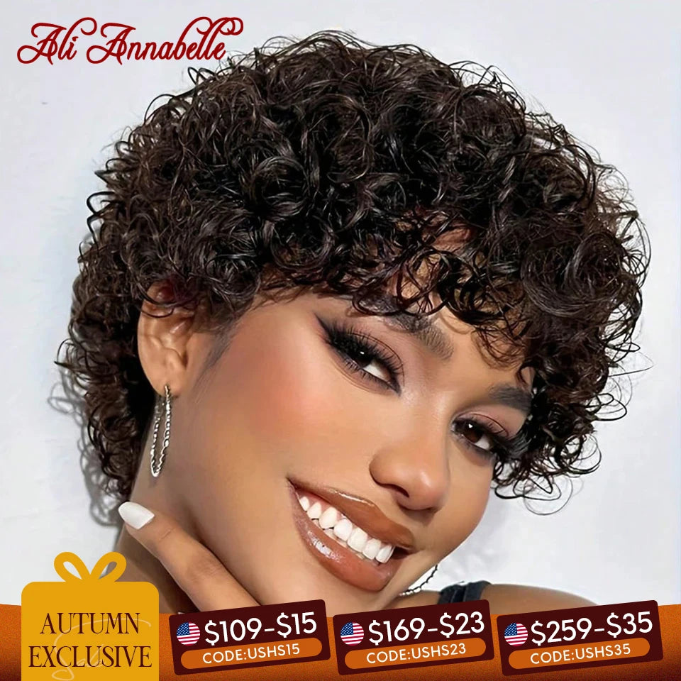 Ali Annabelle 4 Inch Jerry Curly Human Hair Wigs For Women Short Pixie Kinky Curly Wig With Bangs Natural Colored Hair Wig Cheap